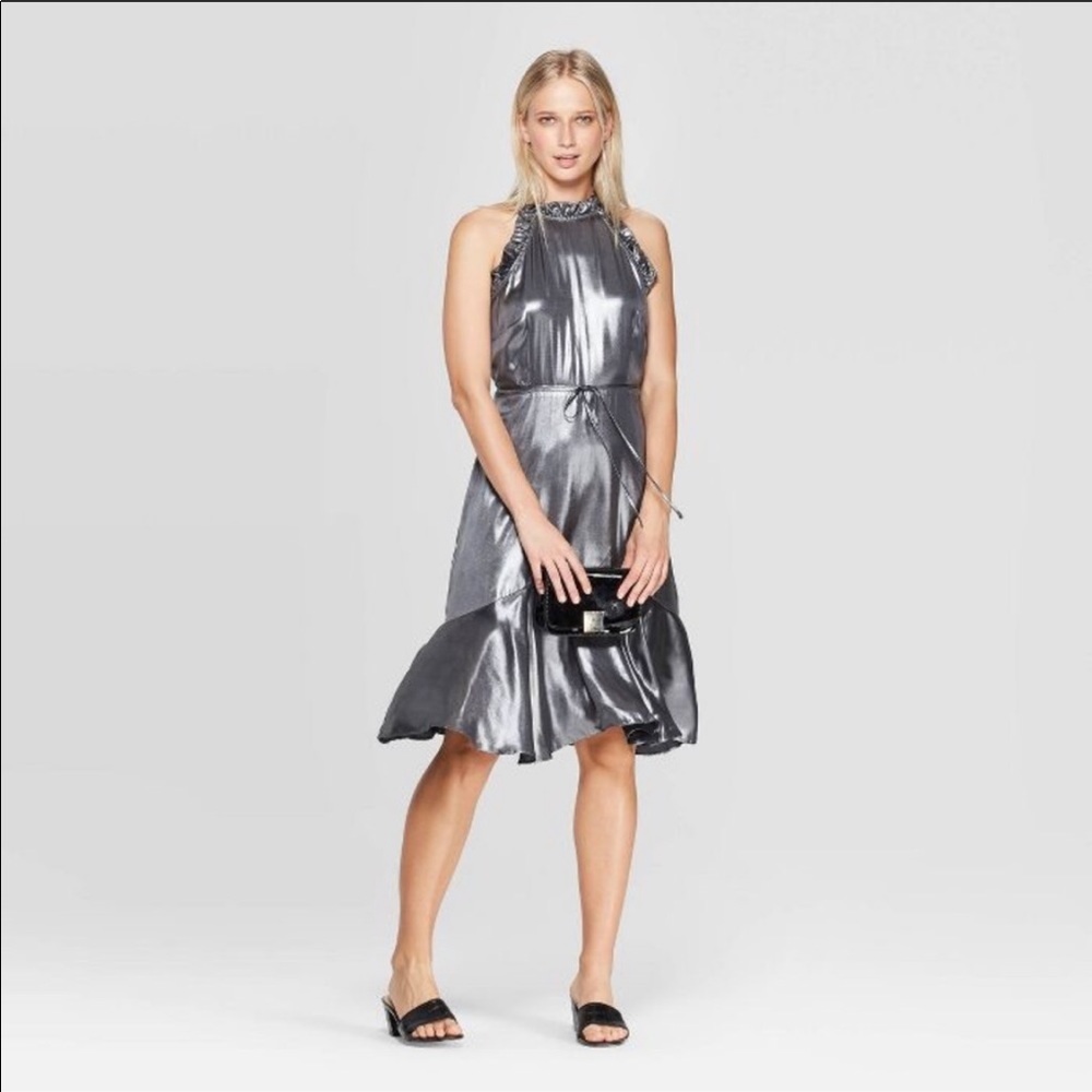 NWT Who What Wear Halter Neck Midi Gunmetal Dress
